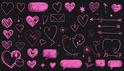 Collection of hand drawn pink hearts speech bubbles and arrows on black background.