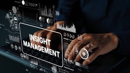 Hands Typing on Laptop with Digital Insights and Management Graphics Overlay for Business Analysis and Decision-Making. Asymptotic smart data analytic.