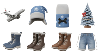 Winter themed 3D icons including airplane, snow hat, gift box, Christmas tree, warm boots, and shorts, perfect for holiday apps and seasonal designs