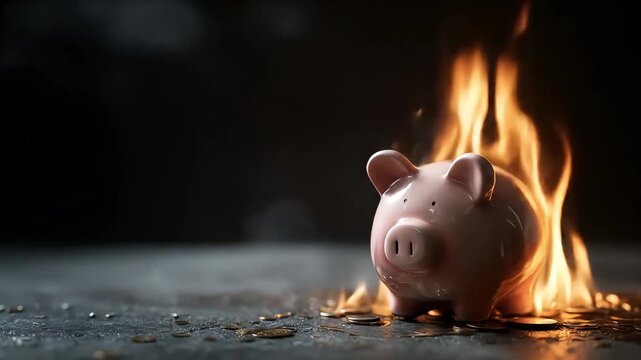 Burning ceramic piggy bank amid scattered coins!!!