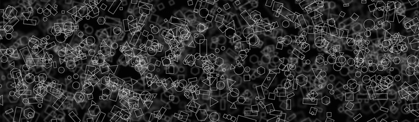 Abstract geometric wireframe background with white outlined shapes on dark backgrounds. AI data complexity, digital randomness, artificial intelligence, creative technology, modern design concept.