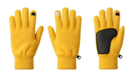 Yellow work gloves with black palms and fingertips isolated on white background, protective handwear perfect for industrial tasks and DIY projects
