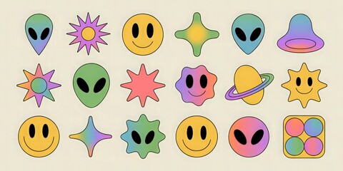 Alien and Fire Emoji Sticker Pattern on Light Background.