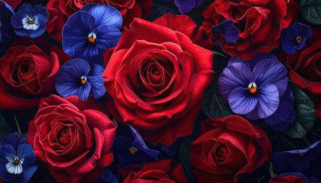 Dramatic close up of deep red roses and dark blue pansies floral arrangement.