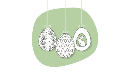 Three decorative Easter eggs with various patterns, including a bunny silhouette, hanging against a soft green background, in a minimalist line art style.