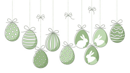 green decorative Easter eggs with various patterns and bunny