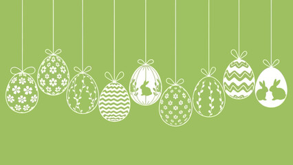 outlined Easter eggs and bunnies hanging on a light green background