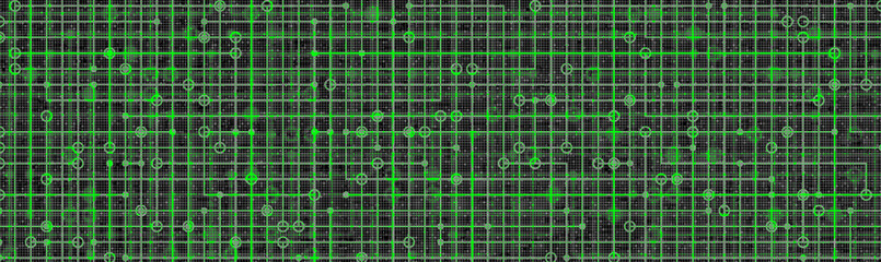 Abstract green digital technology background, blueprint grid with circuit lines and nodes on dark backgrounds. Live data system, cybersecurity, AI network infrastructure, artificial intelligence.