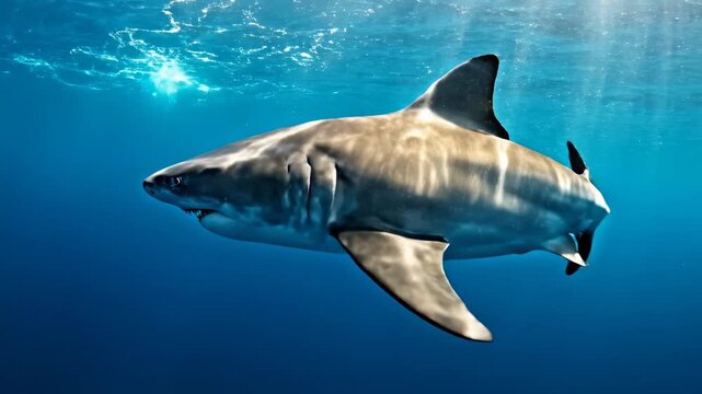 Majestic great white shark swimming in deep blue ocean water under bright sun rays, marine animal moving gracefully