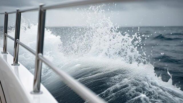 View from the side of a luxury boat cruising fast on the dark, choppy ocean, creating a large wake and spray over the chrome railing.