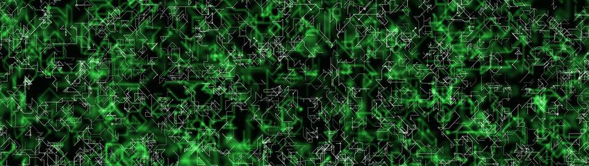 Abstract digital technology background with white circuit lines over glowing green network patterns on a dark backgrounds. Artificial intelligence, data flow, AI computing systems, and cybersecurity.