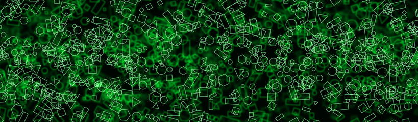 Abstract neon green geometric wireframe background with outlined shapes on dark backgrounds. AI complexity, cybersecurity, artificial intelligence, digital data, and futuristic technology concept.