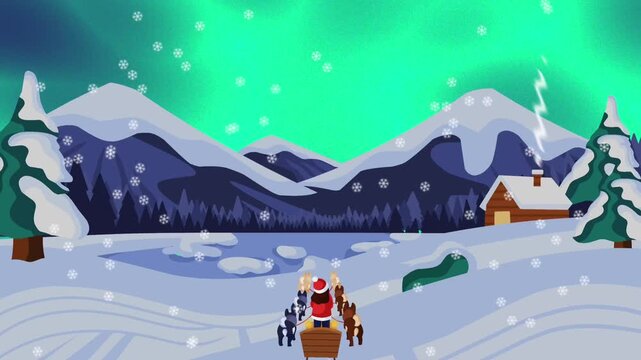 A sled dog team travels through a remote winter wilderness under a spectacular night sky filled with the aurora borealis.