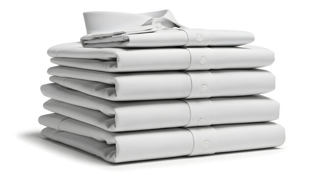 Stack of five neatly folded white formal shirts for men isolated on white background