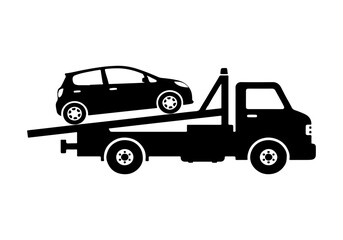 Black silhouette of a tow truck transporting a small car on its flatbed, isolated on a white background.