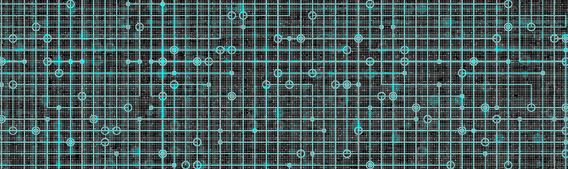 Abstract cyan digital technology background, blueprint grid with glowing circuit lines and nodes on dark backgrounds. AI data infrastructure, cloud computing system, artificial intelligence, network.