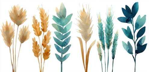 Elegant watercolor plants in soothing wheat beige and teal hues on a clean white background