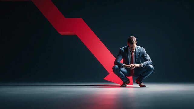 Crouched businessman under red descending arrowhead