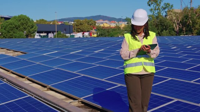 Female electrical engineer inspecting solar panels on a roof