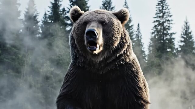 Bear roaring in forest, a wild animal breathing steam. Wildlife with mammal in nature, for a scene concept.