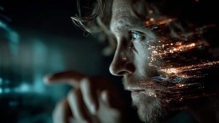 Futuristic coder immersed in digital interface with glowing data streams on face while programming new AI