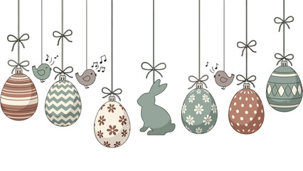 A charming illustration of various Easter decorations, including patterned eggs, a bunny, and singing birds, all hanging from strings with bows.