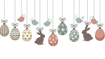 Pastel Easter decorations featuring hanging patterned eggs, bunny silhouettes, and small singing birds on strings with bows.