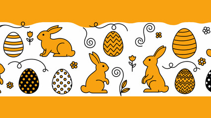 A seamless Easter border pattern featuring orange bunnies, decorated eggs, and small flowers on a white background with orange edges.
