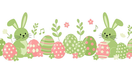 Seamless Easter border with cute green bunnies, decorated eggs, leaves, and flowers in pastel pink and green colors.