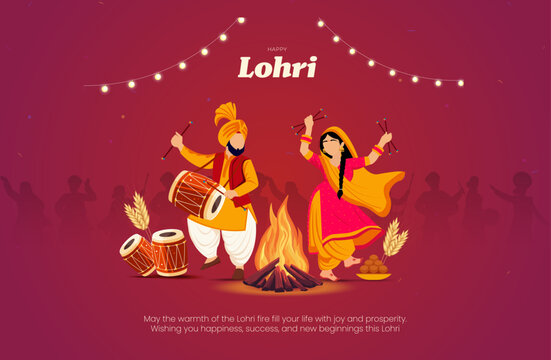 Happy Lohri Festival Banner with Punjabi Dance and Bonfire Traditional Lohri Celebration Design, vector illustration.