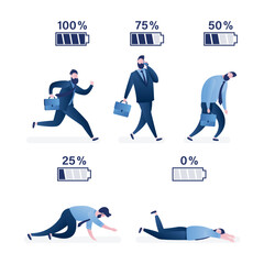 Life energy, strong and tired businessman. Powerful person with high charge and uncharged battery level indicators. Worker man in various poses. Business man power weak from work.