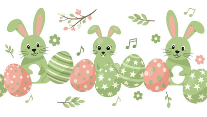 Easter border with cute green bunnies, decorated eggs, leaves, and flowers