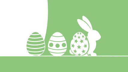 A minimalist graphic illustration of an Easter bunny silhouette standing next to three decorated Easter eggs on a light green background.