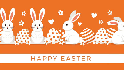 A vibrant orange background with white Easter bunnies, decorated eggs, flowers, and hearts, featuring a "Happy Easter" greeting.