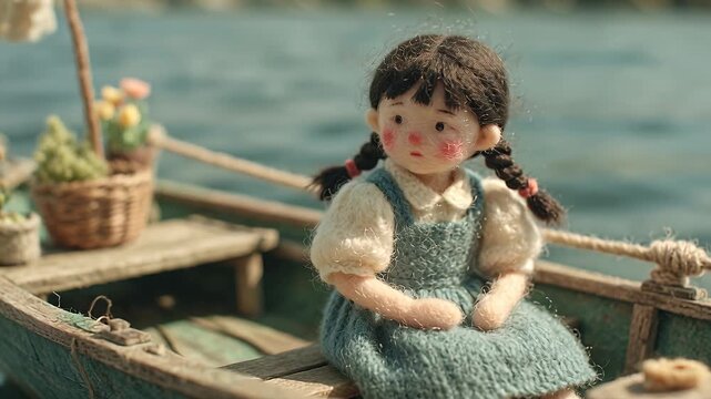 Charming Claymation Girl with Braids Sits Serene in a Miniature Wooden Boat on Calm Water.