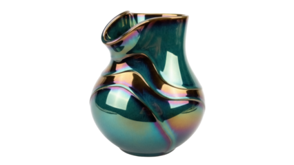 Iridescent green glass vase isolated PNG, decorative art object with rainbow sheen on transparent background