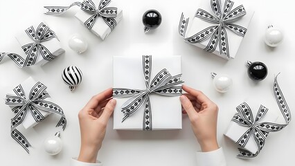 Hands carefully wrapping a gift box with black and white ribbon