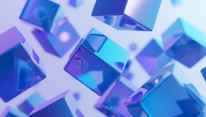 Abstract background featuring iridescent blue and purple metallic cubes floating in a soft focus digital space representing data or technology concepts
