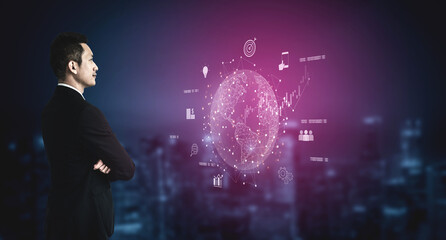 Global business network connecting digital economy and data exchange. Global business expands market, business shares data, global drives finance, and global business supports insight. Vouch