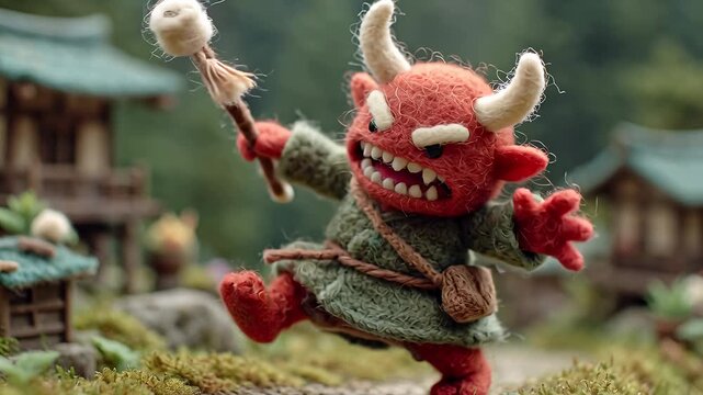 Japanese Oni Demon in Stop Motion Animation with Traditional Village Background.