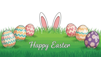 illustration of colorful Easter eggs in green grass with bunny ears