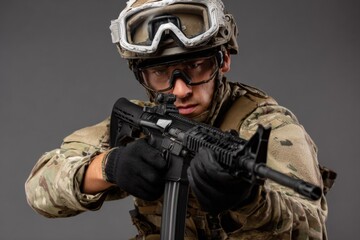 Obraz premium Young caucasian male soldier aiming rifle in tactical gear and helmet