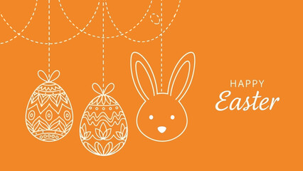 A minimalist illustration of two decorated Easter eggs and a bunny head hanging on an orange background with "Happy Easter" text.