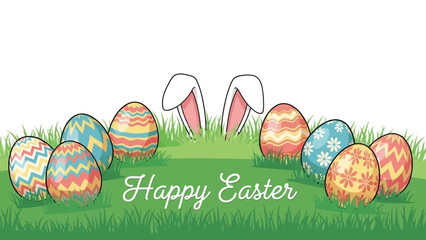 A festive illustration of colorful Easter eggs in green grass with bunny ears peeking out and "Happy Easter" text.