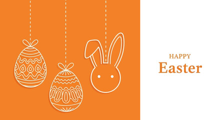 Happy Easter greeting card with hanging decorated eggs and a bunny head outline on an orange and white background.