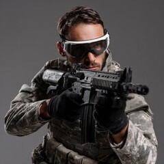 Obraz premium Young caucasian male soldier aiming rifle in camouflage outfit and tactical gear