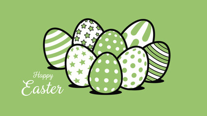 Happy Easter greeting card with a collection of green and white patterned eggs on a light green background.