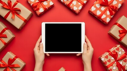 Hands holding tablet among gift boxes