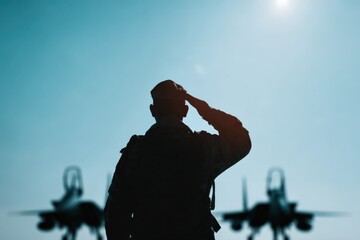Silhouette of male soldier saluting fighter jets against blue sky