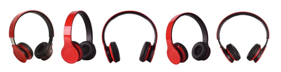 A set of red and black wireless surround headphones on an isolated background